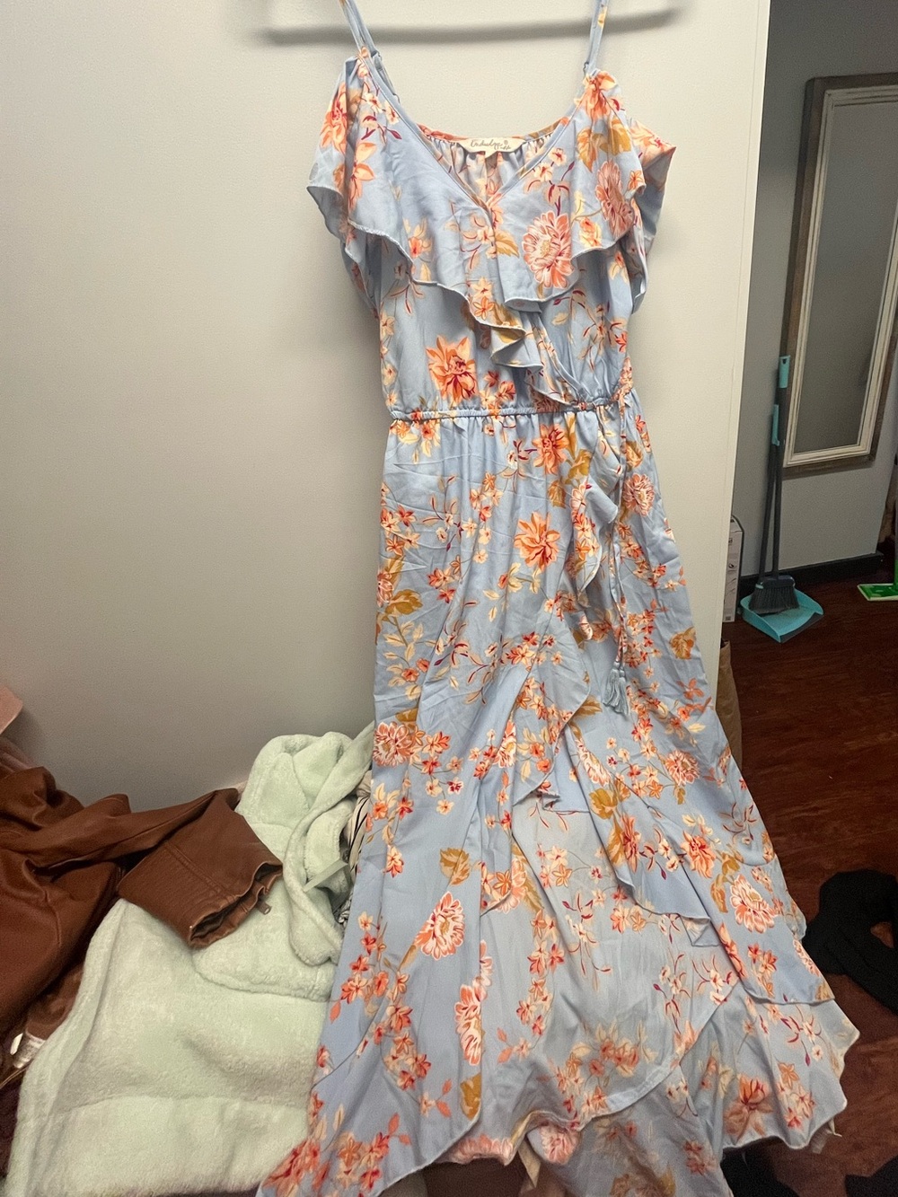 Floral Baby Blue Ruffle Wrap Dress